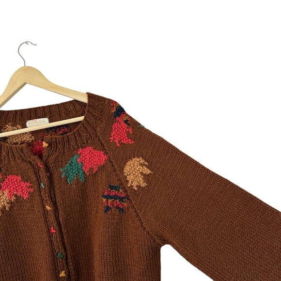 Vintage Handknit X-Large Sweater Cardigan Leaves Fall Dark Brown Womens READ - Picture 8 of 16